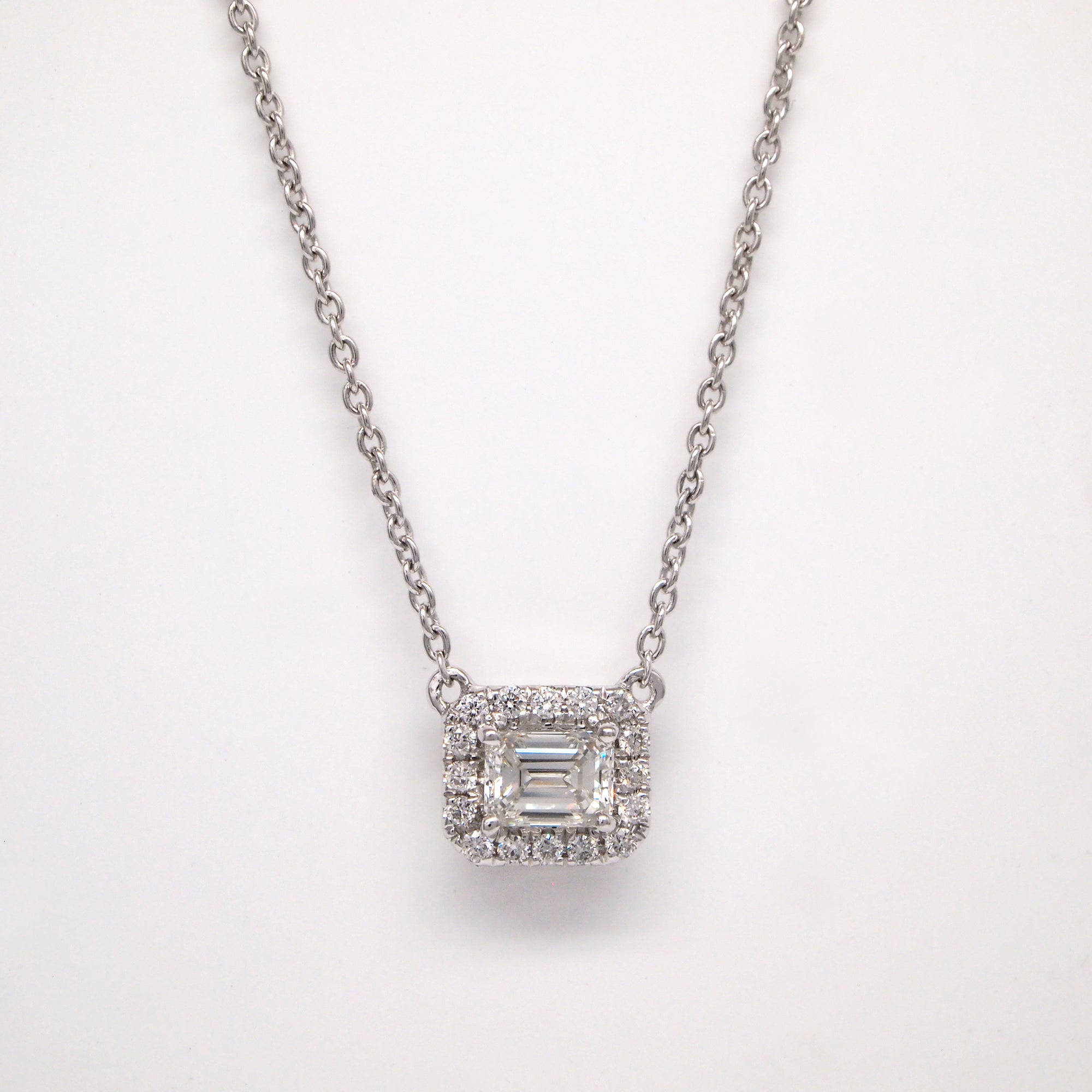 14K White Gold Emerald-Cut Diamond Necklace With Halo