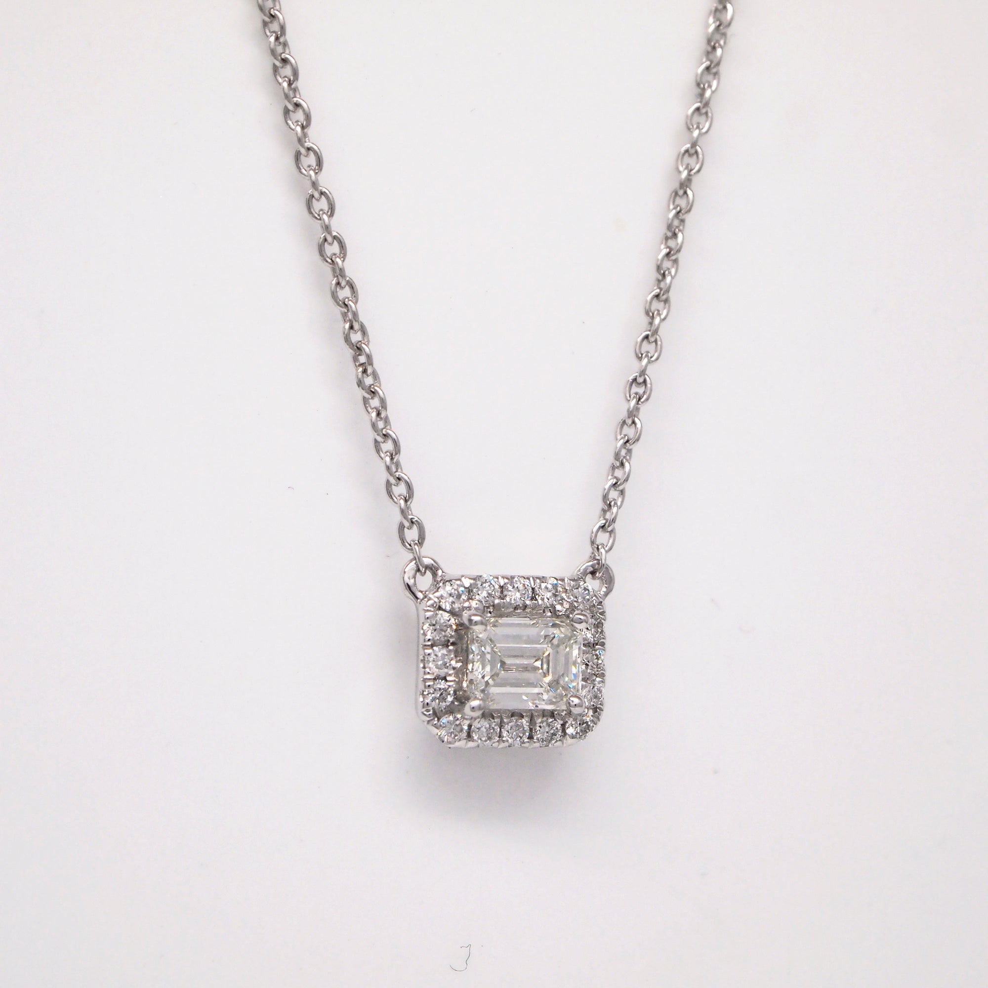 14K White Gold Emerald-Cut Diamond Necklace With Halo
