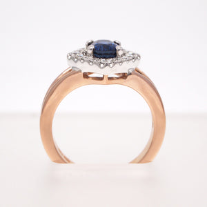 18K Pink And White Gold Sapphire Engagement Ring With Diamond Halo