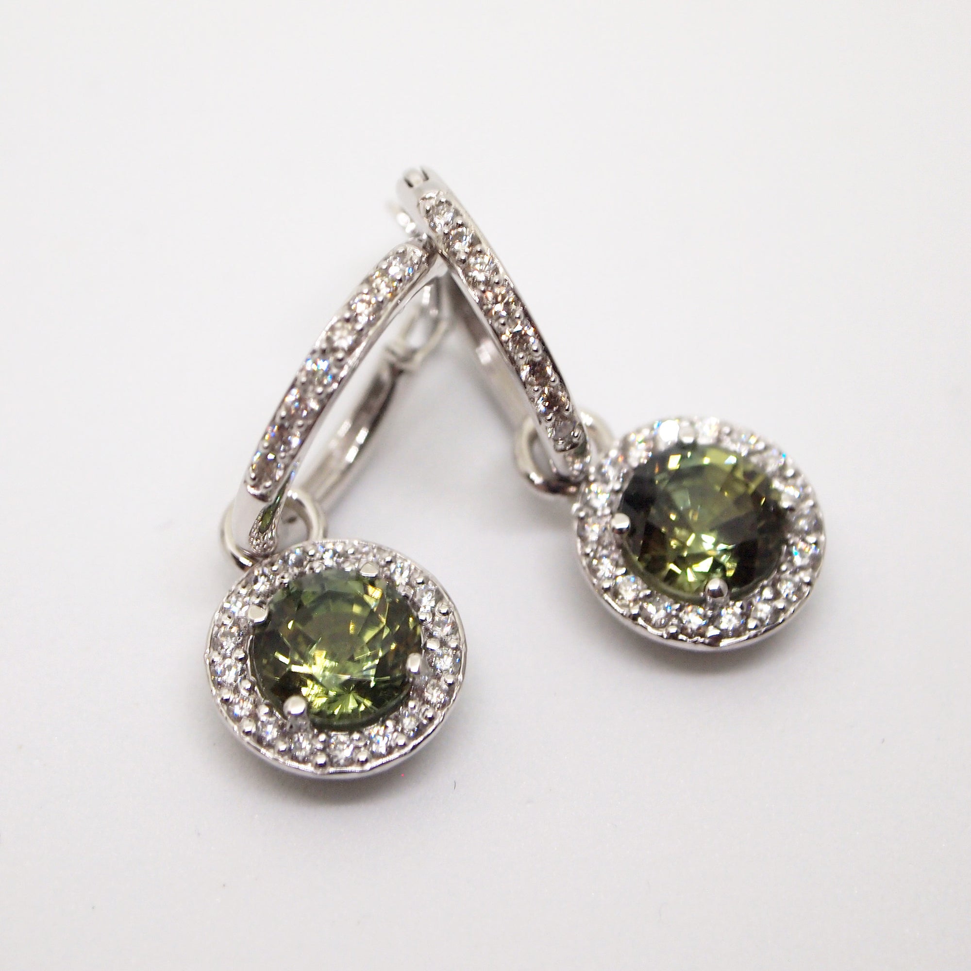 Handmade 18K White Gold Natural Unheated Green Sapphire And Diamond Huggie Earrings