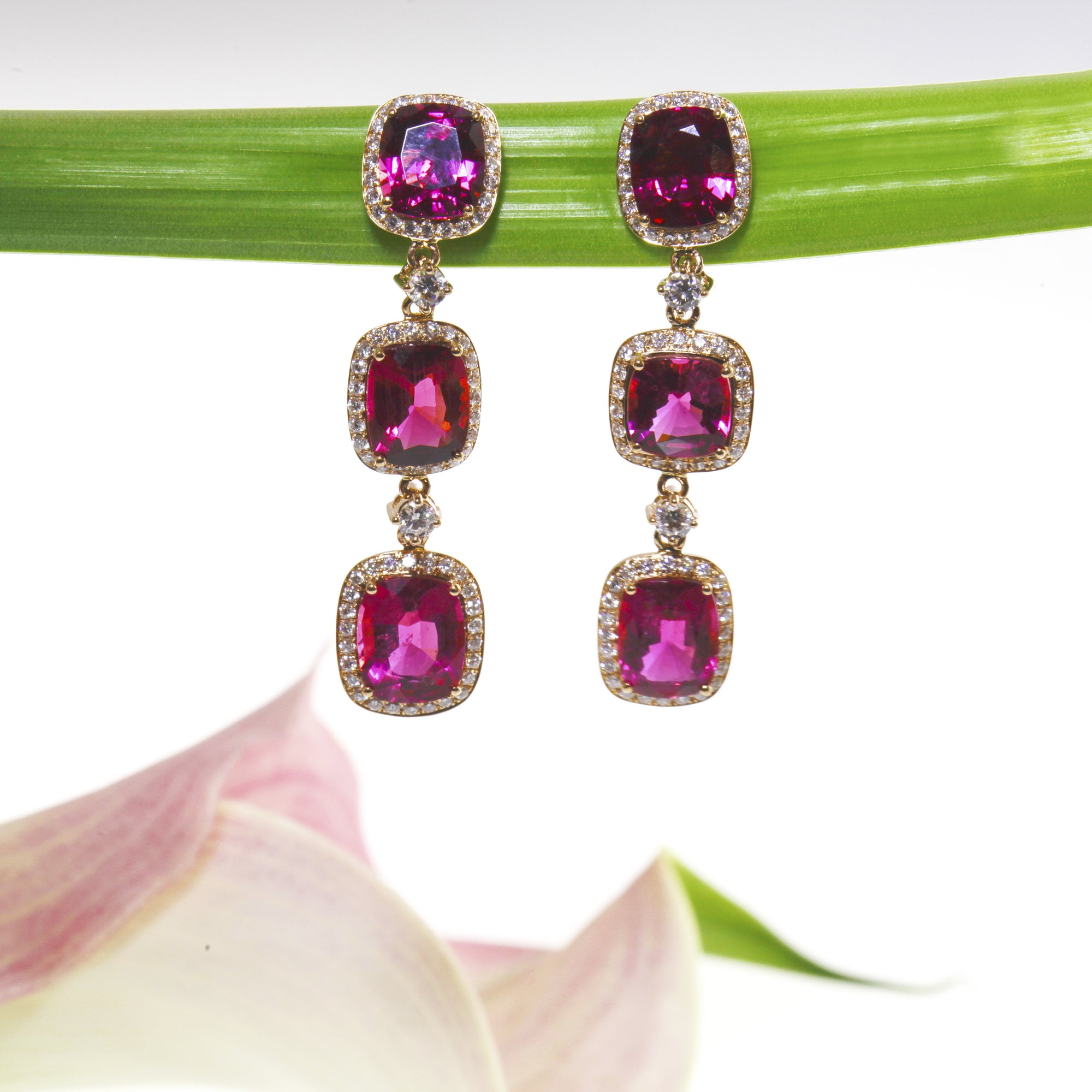 One Of A Kind 18K Rose Gold Rare Rubellite Garnet and Diamond Earrings