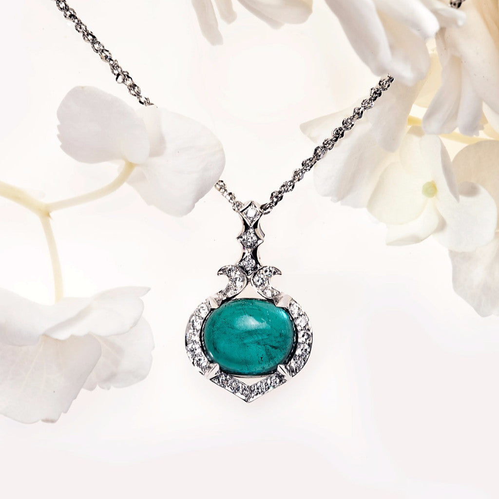 18K White Gold Blue-Green Tourmaline and Pave Diamond Pendant