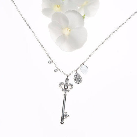 white gold diamond "fleur de lis" diamond key necklace 