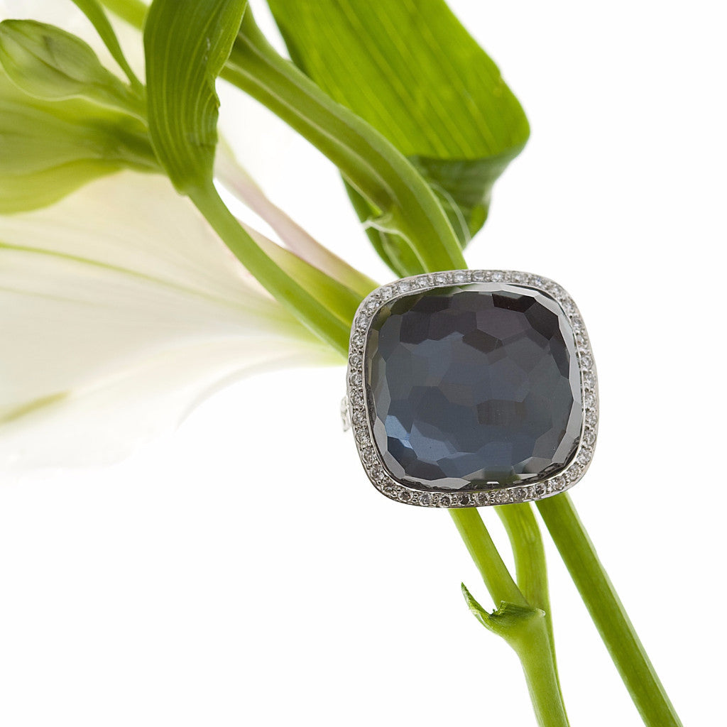 18K White Gold Black Hematite, Quartz, And Pave Diamond Ring
