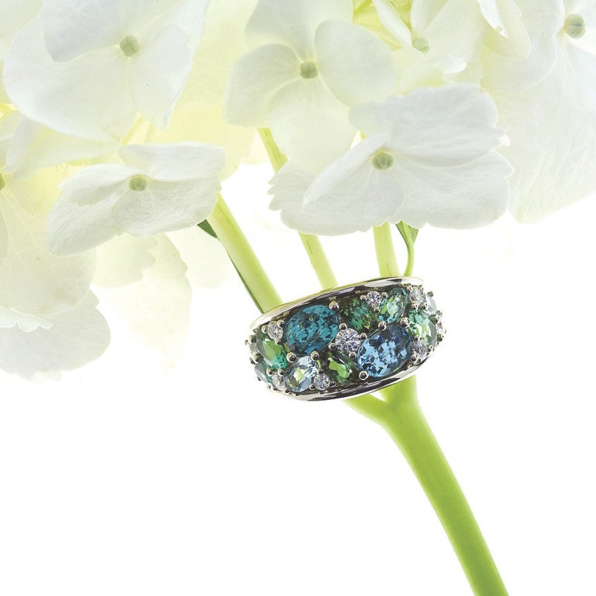 18K White Gold Tourmaline, Peridot, And Diamond Ring