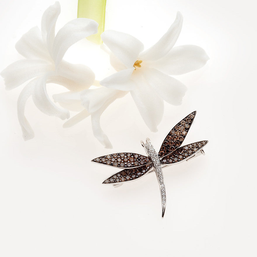18K White Gold Chocolate Diamond Dragonfly Pendant Brooch