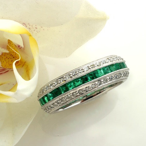 Platinum Emerald And Diamond Eternity Wedding Or Anniversary Band