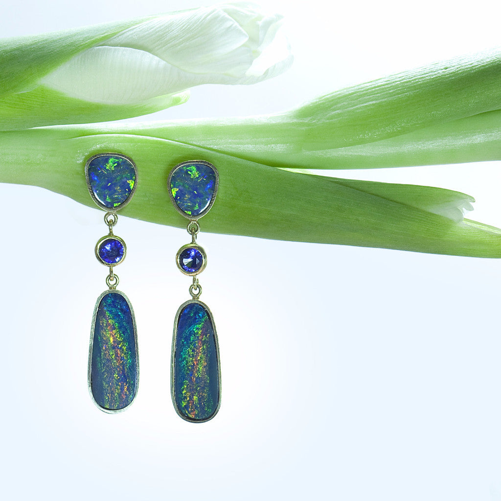 18K Yellow Gold Boulder Opal and Sapphire Earrings