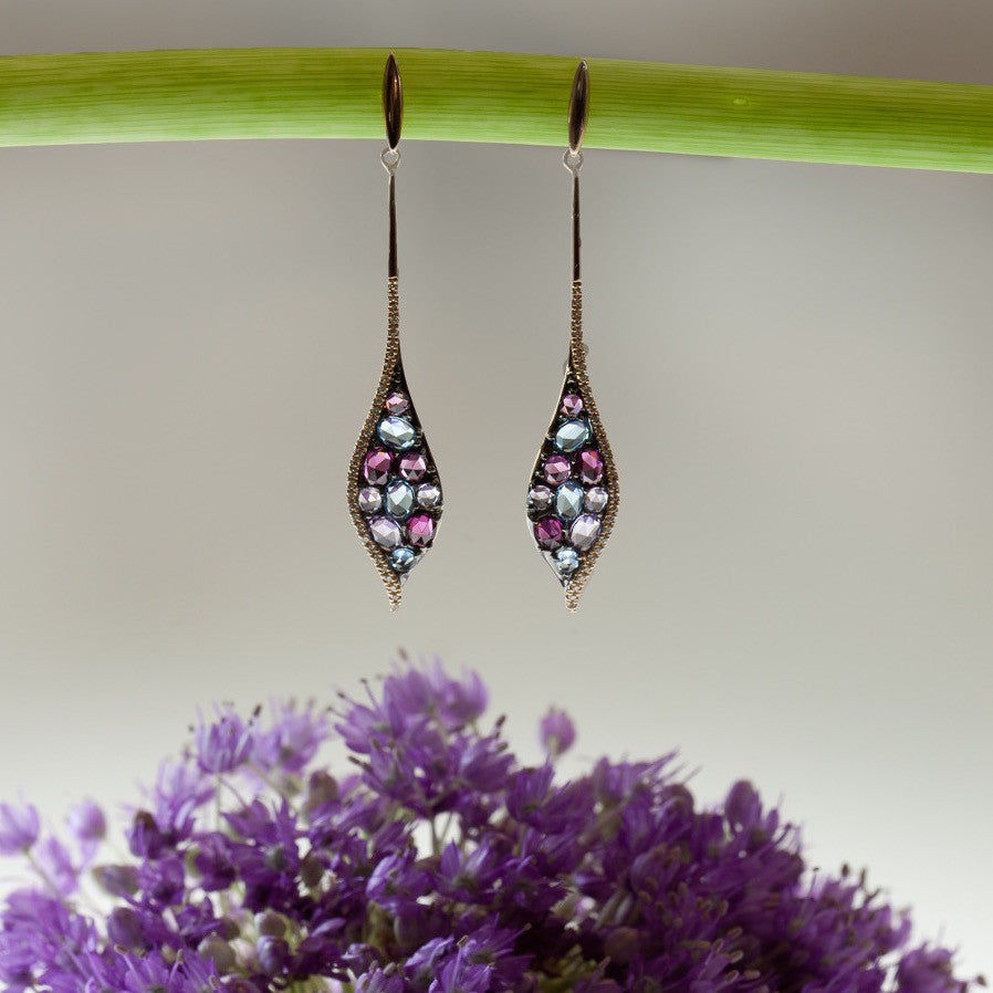 Amethyst, Rhodolite, Topaz, and Diamond Earrings