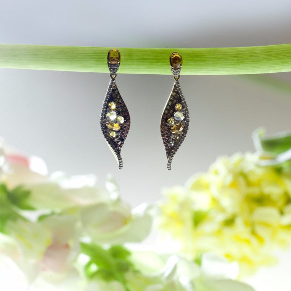 14K Yellow Gold Citrine, Sapphire, Smoky Quartz, and Diamond Drop Earrings