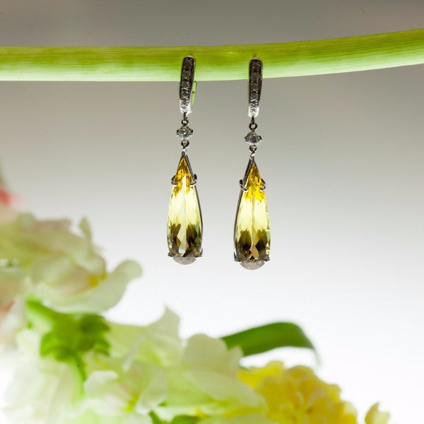 18K White Gold Yellow Beryl And Diamond Drop Earrings