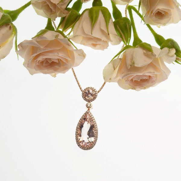 14K Rose Gold Pear Shaped Morganite and Diamond Pendant