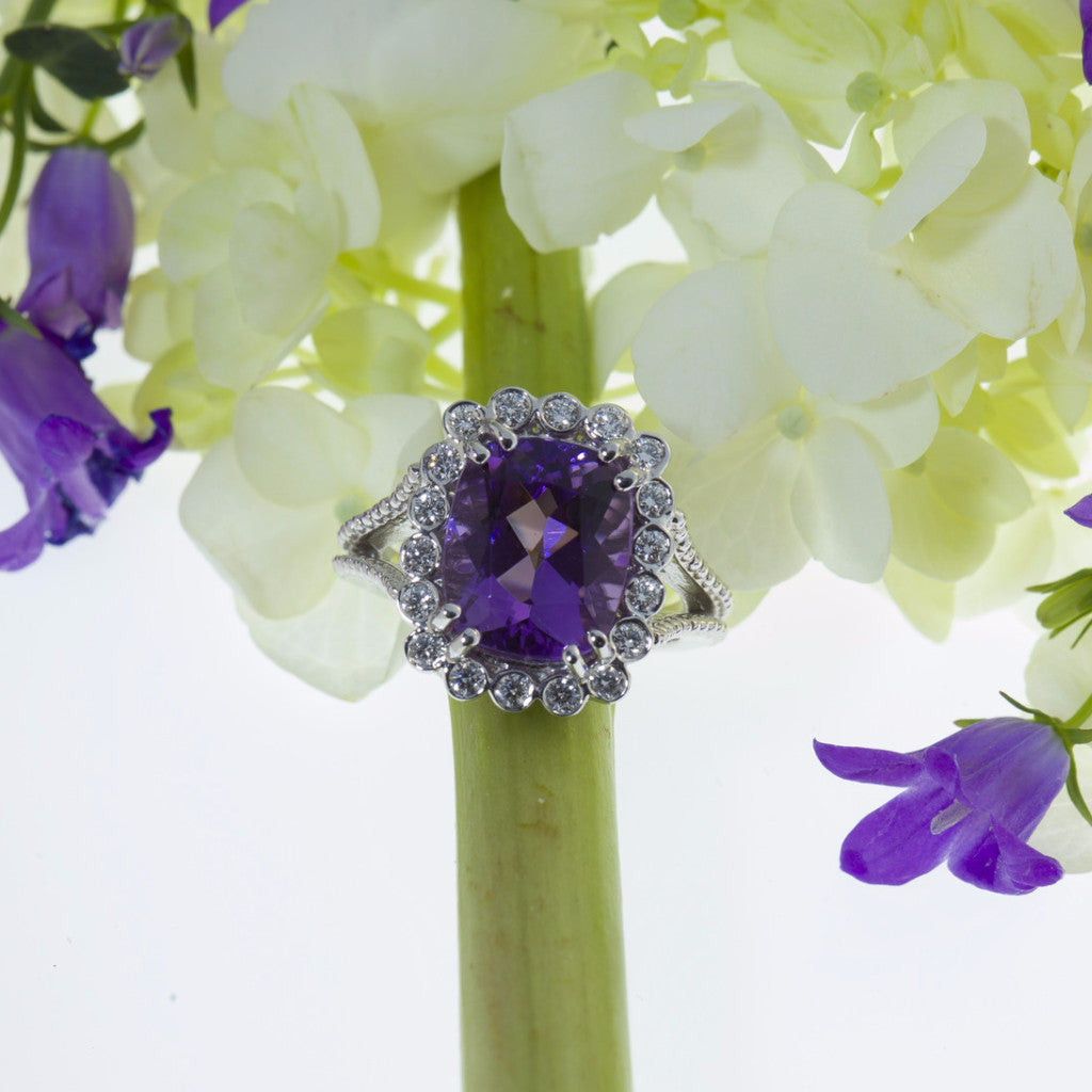 yellow and white gold diamond and amethyst ring