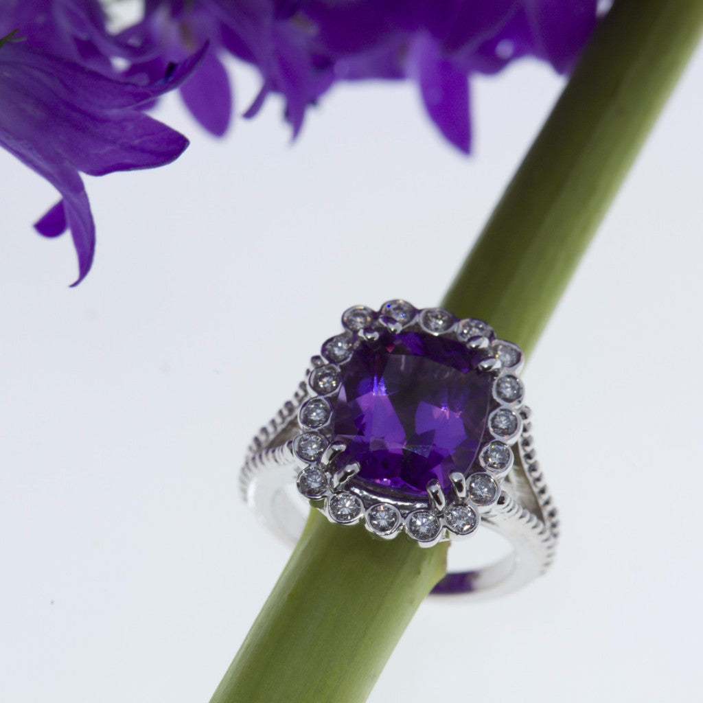 yellow and white gold diamond and amethyst ring