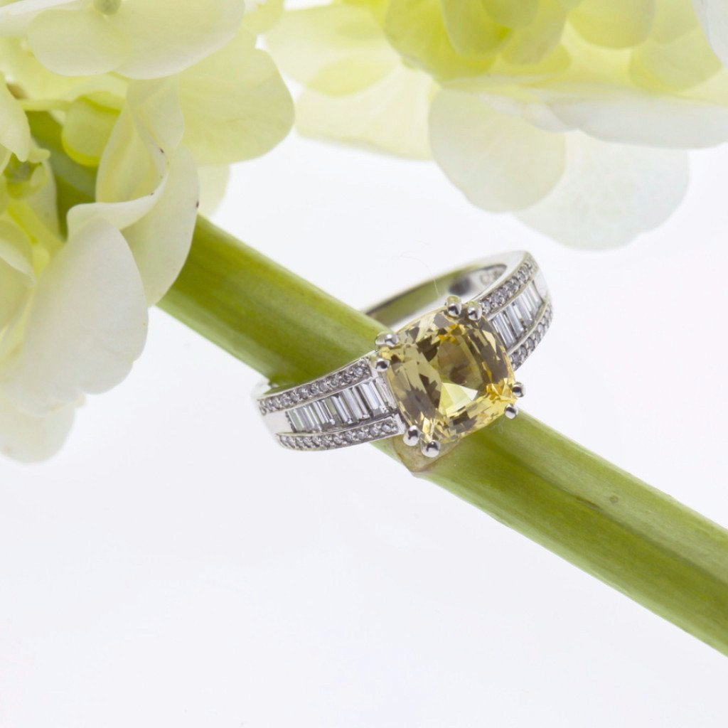 Custom Designed Platinum Natural Yellow Sapphire and Diamond Ring