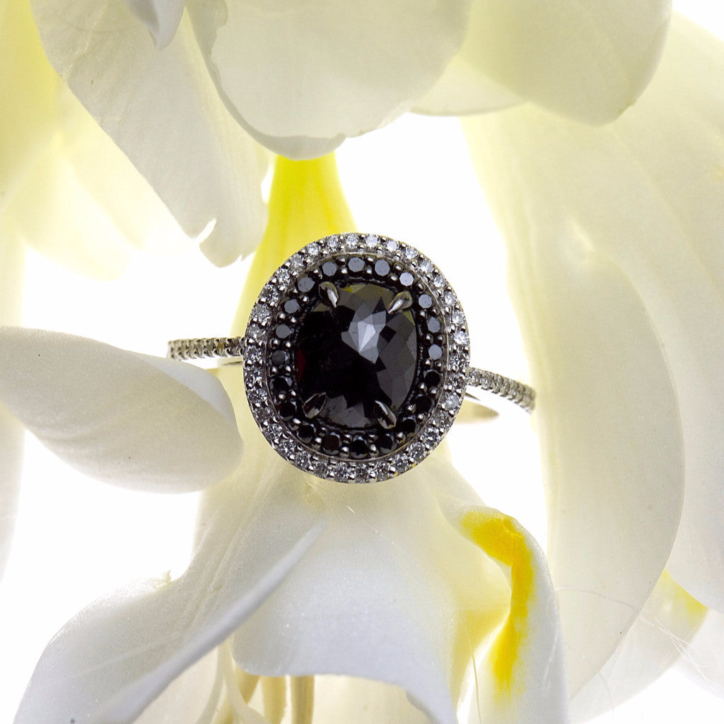 white gold black diamond ring with white diamonds