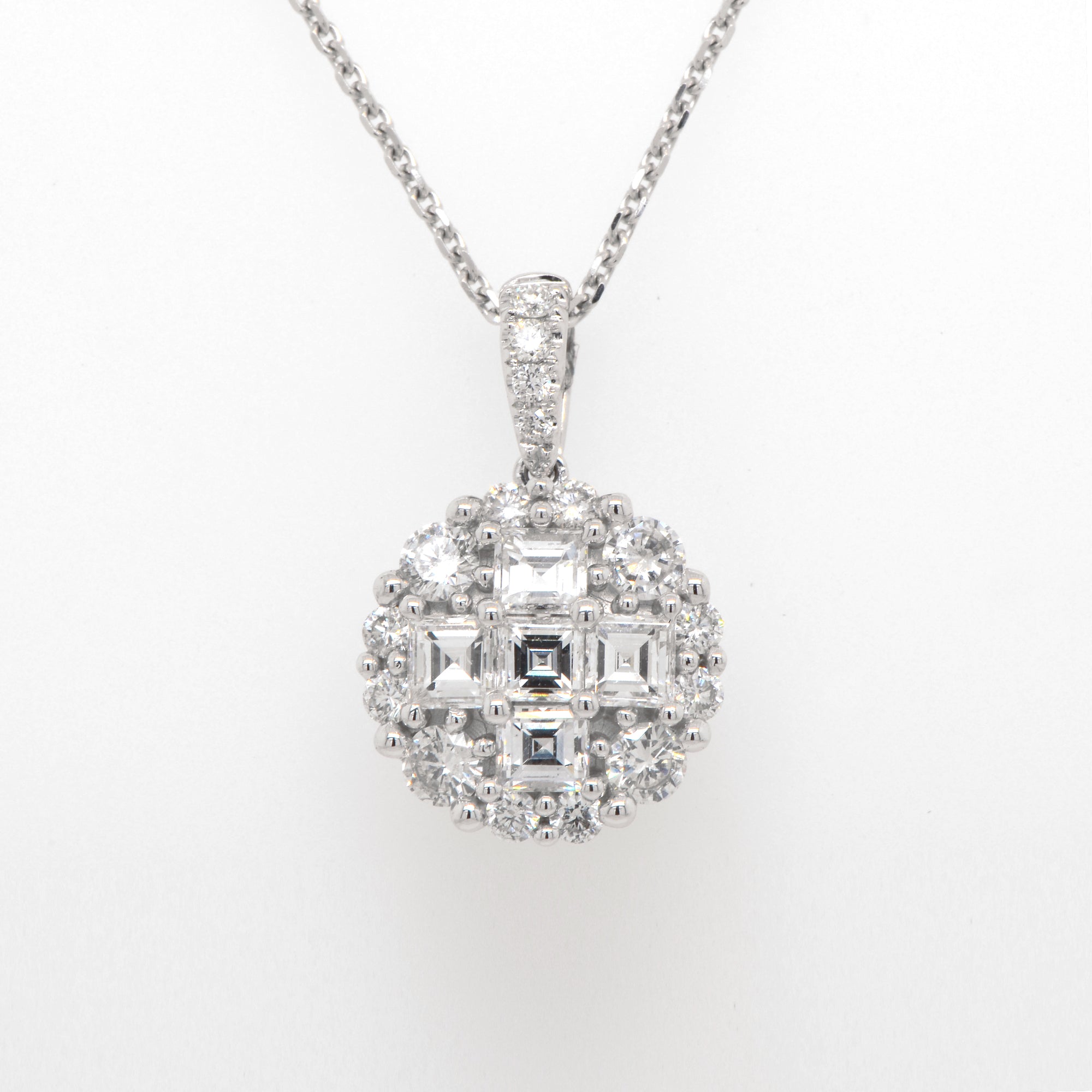 18K White Gold Asscher Diamond Cluster Pendant