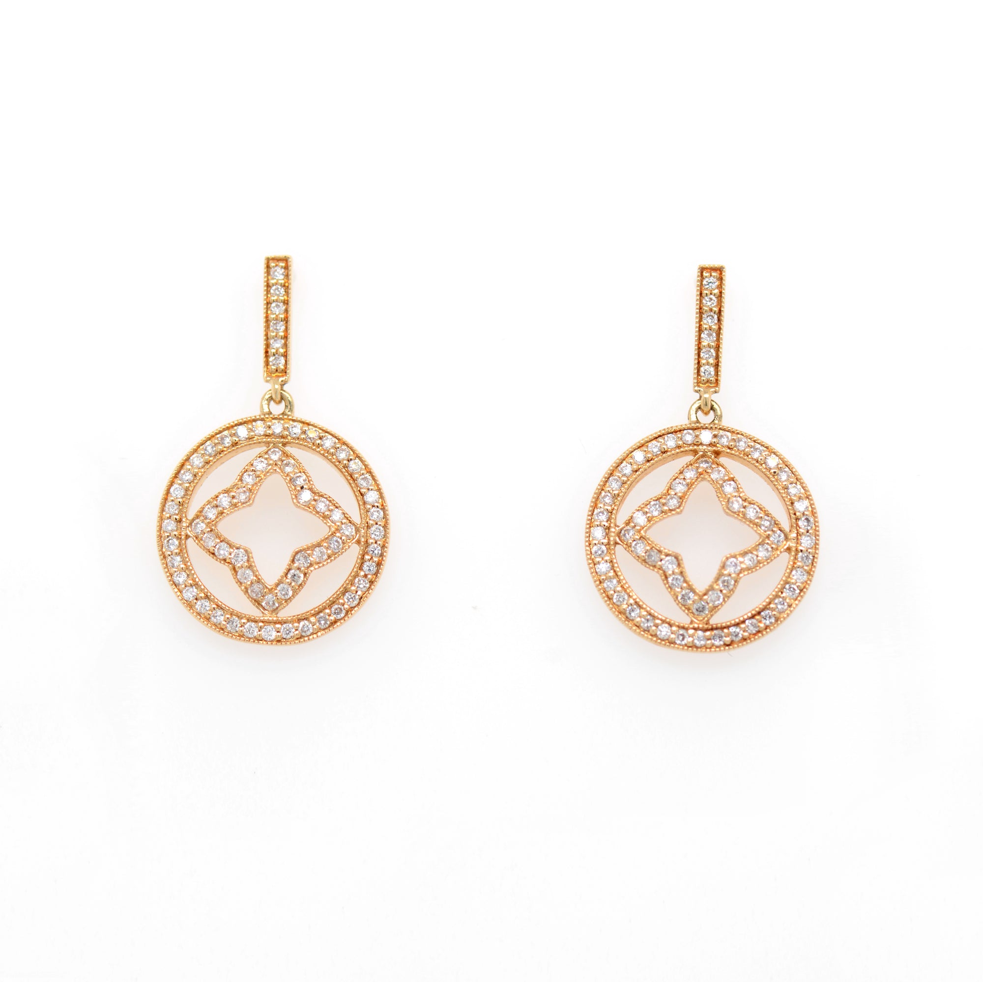 14K yellow gold diamond earrings featuring round diamonds weighing a total of 0.42 carats set in a clover-in-circle design with fine milgrain detail. 