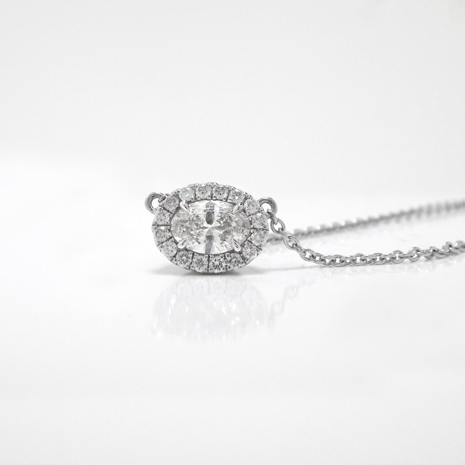 14K White Gold Oval Diamond Halo Necklace
