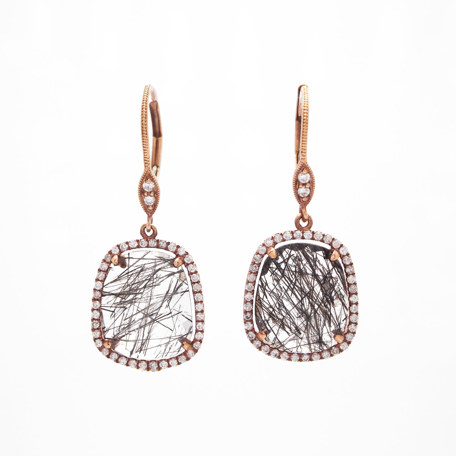 14K Rose Gold Rutilated Quartz And Diamond Earrings