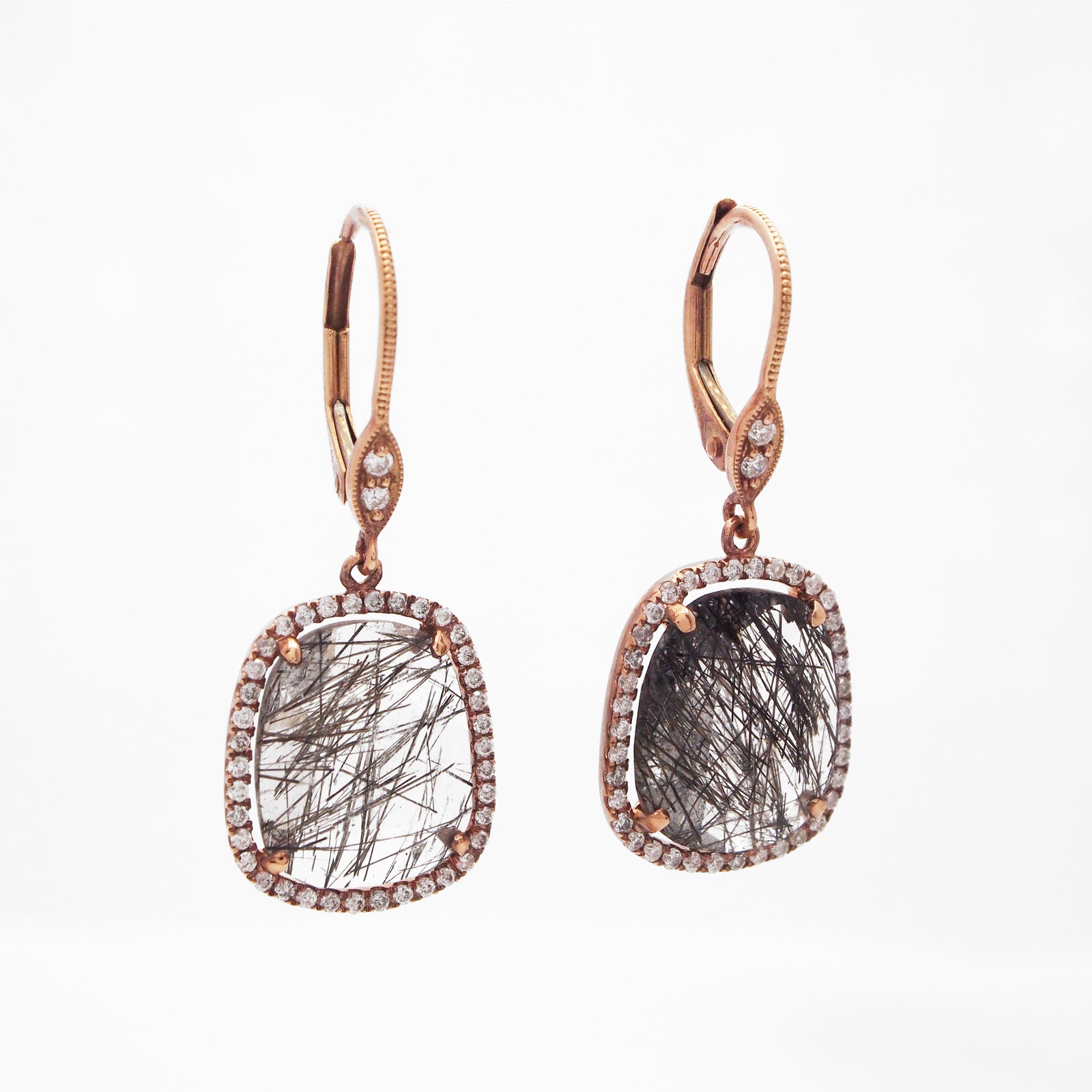 14K Rose Gold Rutilated Quartz And Diamond Earrings