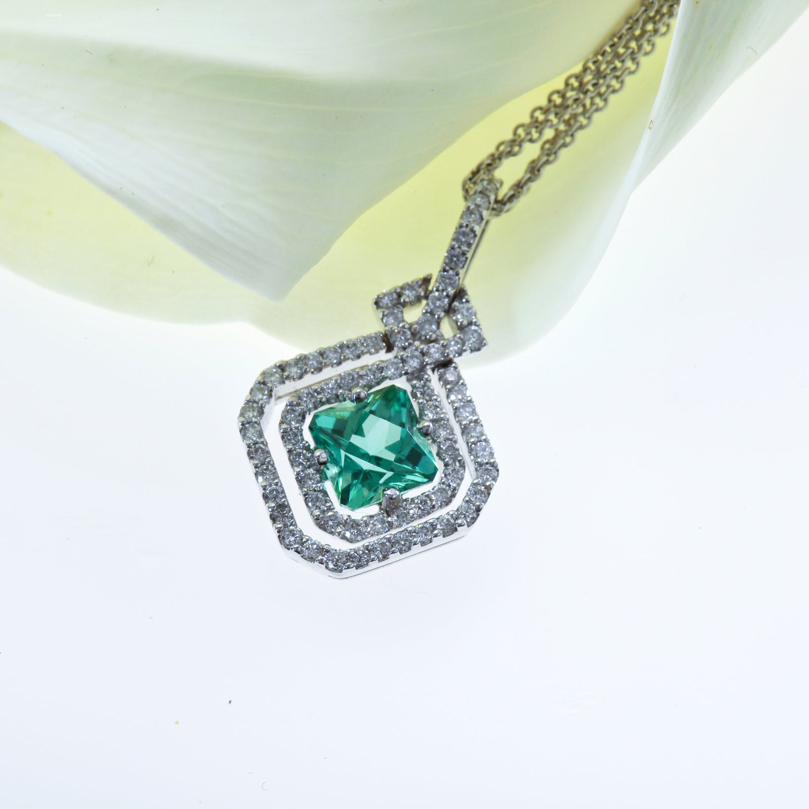 One of a Kind 18K White Gold Tourmaline and Diamond Pendant