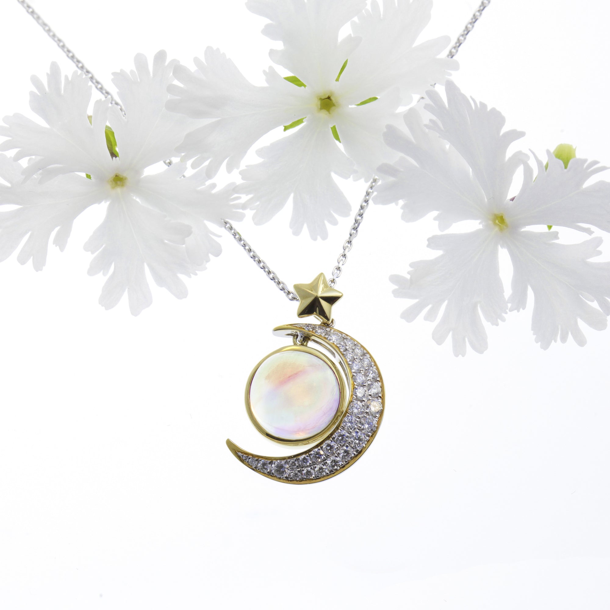One of a kind 18K yellow gold sun, moon, and stars pendant