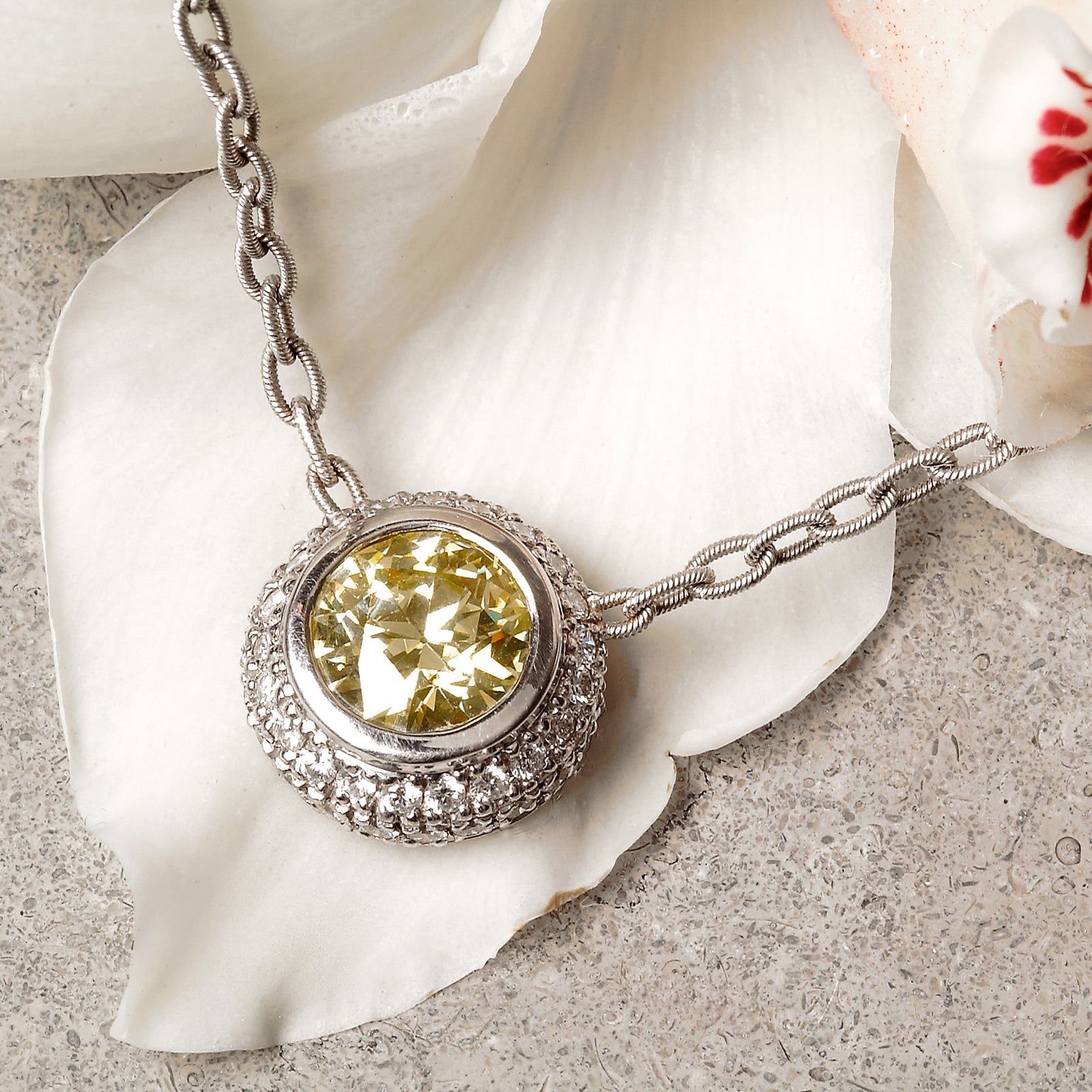 18K White Gold Yellow Sapphire And Diamond Necklace