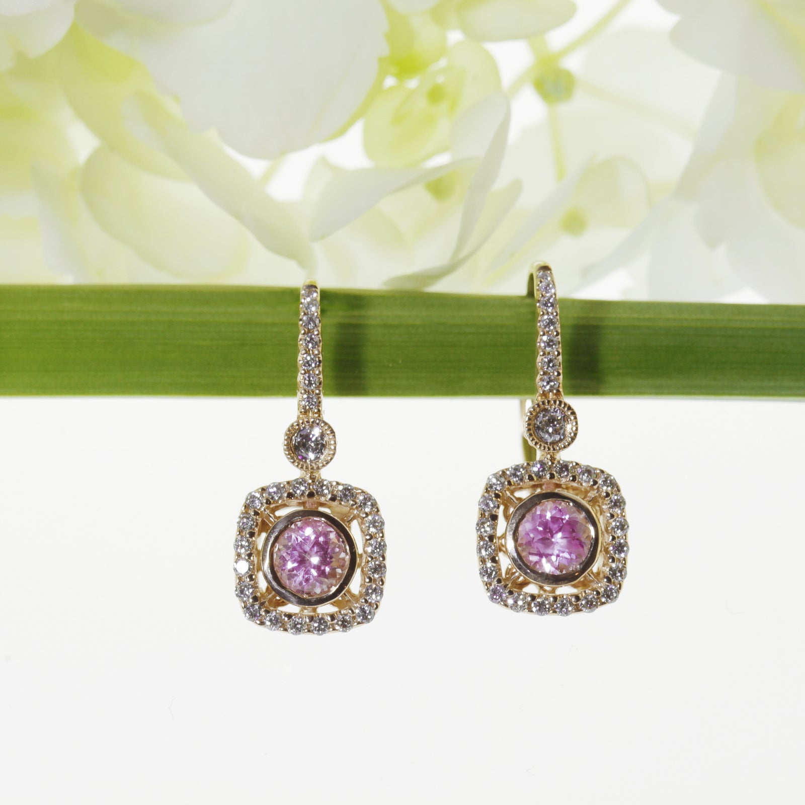 14K Pink Gold Pink Sapphire And Diamond Earrings