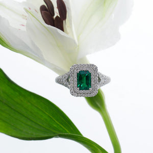 18K White Gold Emerald-Cut Emerald And Diamond Ring