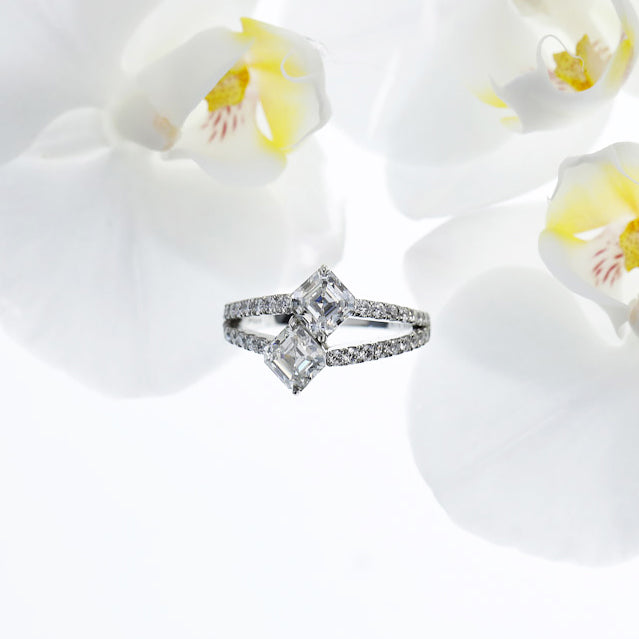 Platinum Two Stone Asscher Diamond Engagement Ring