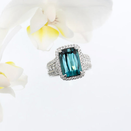 One Of A Kind 18K White Gold Rare Blue-Green Tourmaline and Diamond Ring