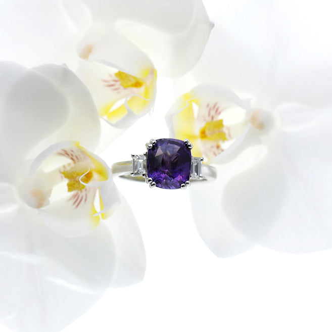 Custom Designed Platinum 3-Stone Purple Sapphire And Diamond Ring