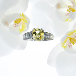 Custom Designed Platinum Natural Yellow Sapphire and Diamond Ring
