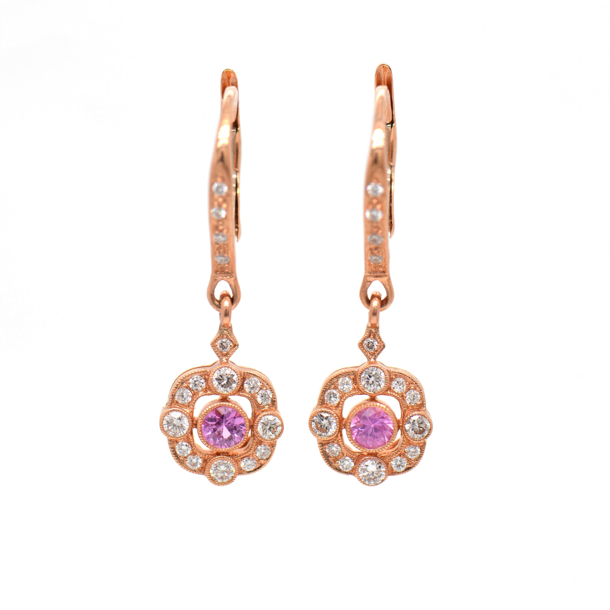 18K Rose Gold Pink Sapphire And Diamond Halo Drop Earrings
