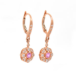 18K Rose Gold Pink Sapphire And Diamond Halo Drop Earrings