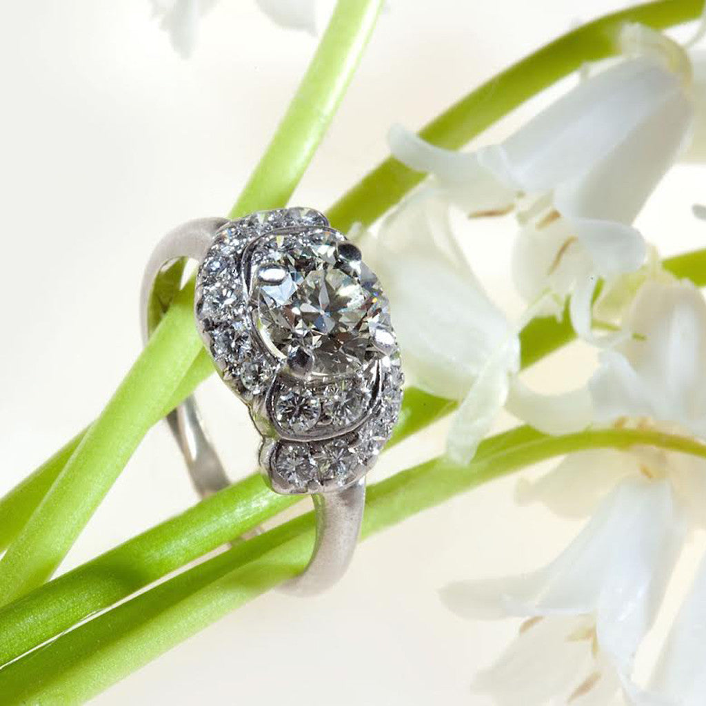 Antique Platinum Retro European Cut Diamond Ring