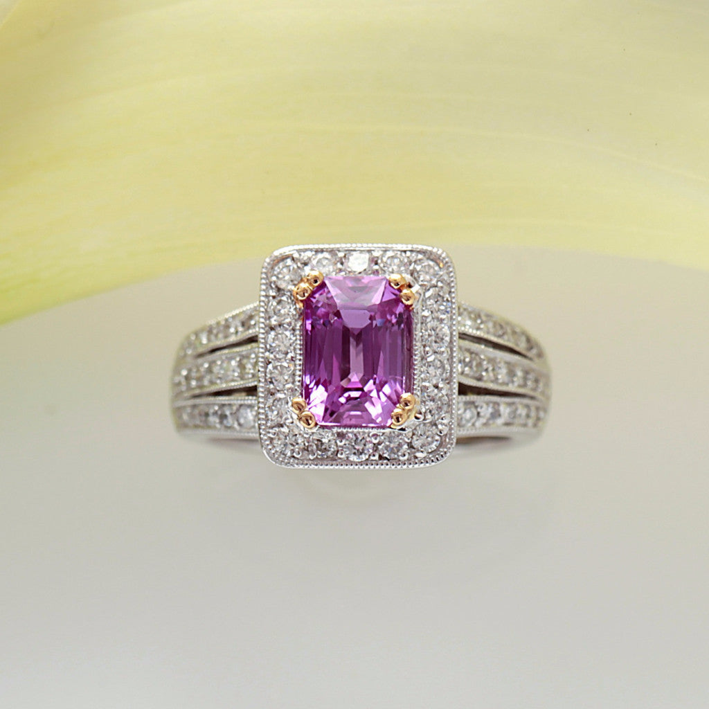 White Gold Pink Sapphire Ring With Yellow Gold Prongs