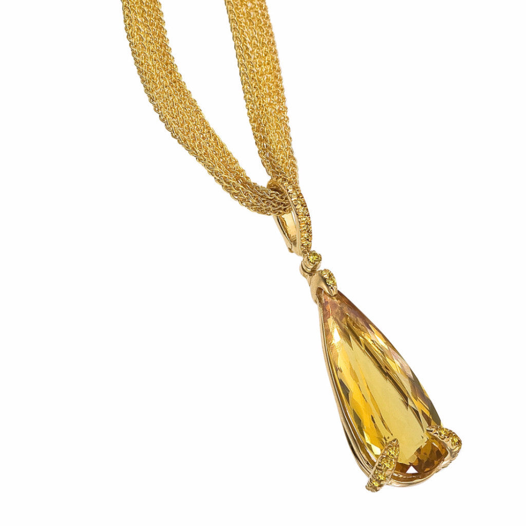 19 Inch Yellwo Gold Aura Pendant with One Pear Shaped Yellow Beryl and Round Diamonds