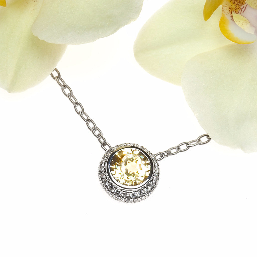 16 inch 18K white gold yellow sapphire and pave set diamond necklace