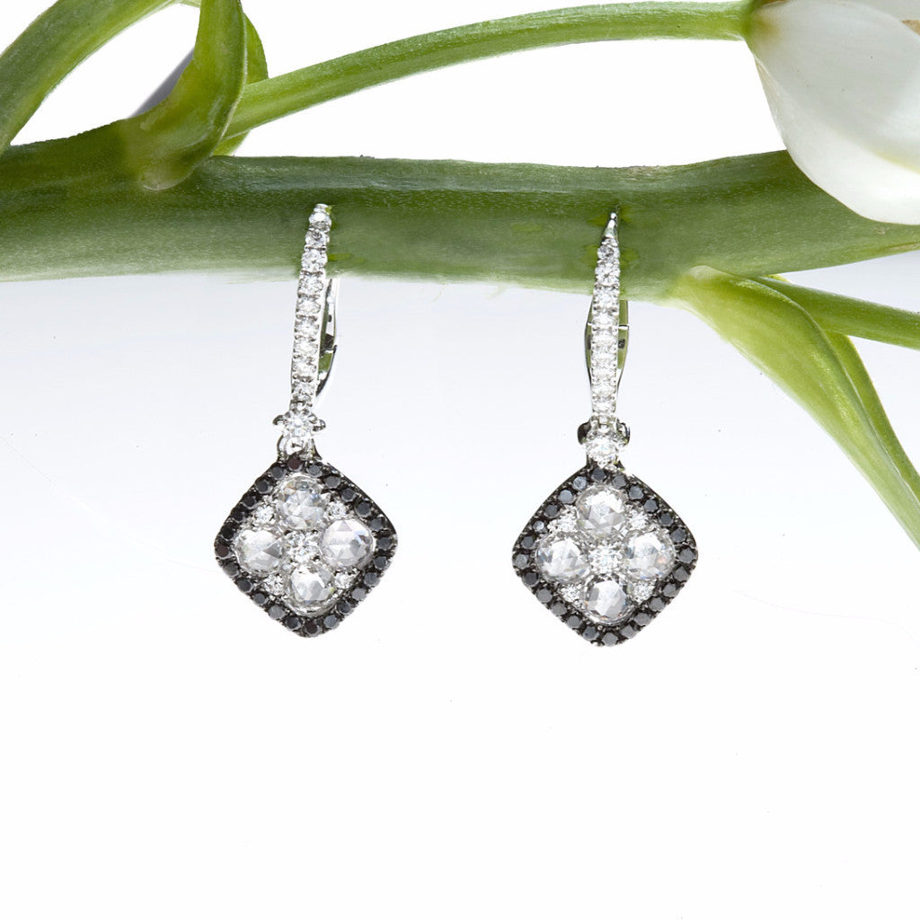 white gold drop earrings with white and black diamonds