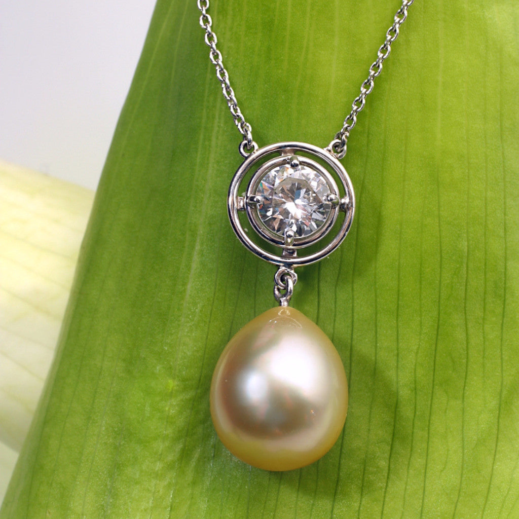 Antique Platinum Golden South Sea Pearl and Transitional Cut Diamond Necklace