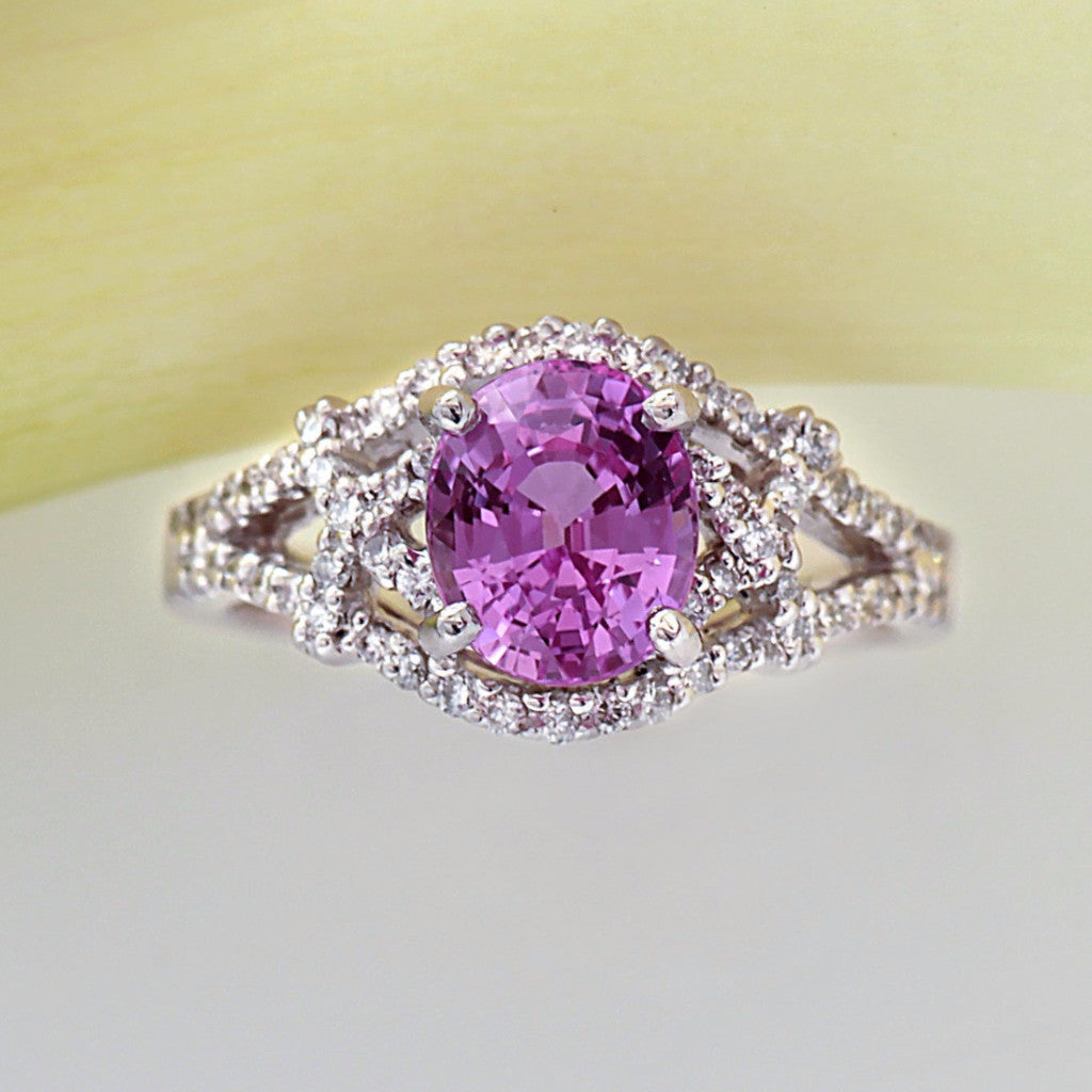 Platinum Oval Pink Sapphire Ring With Pave Set Diamonds