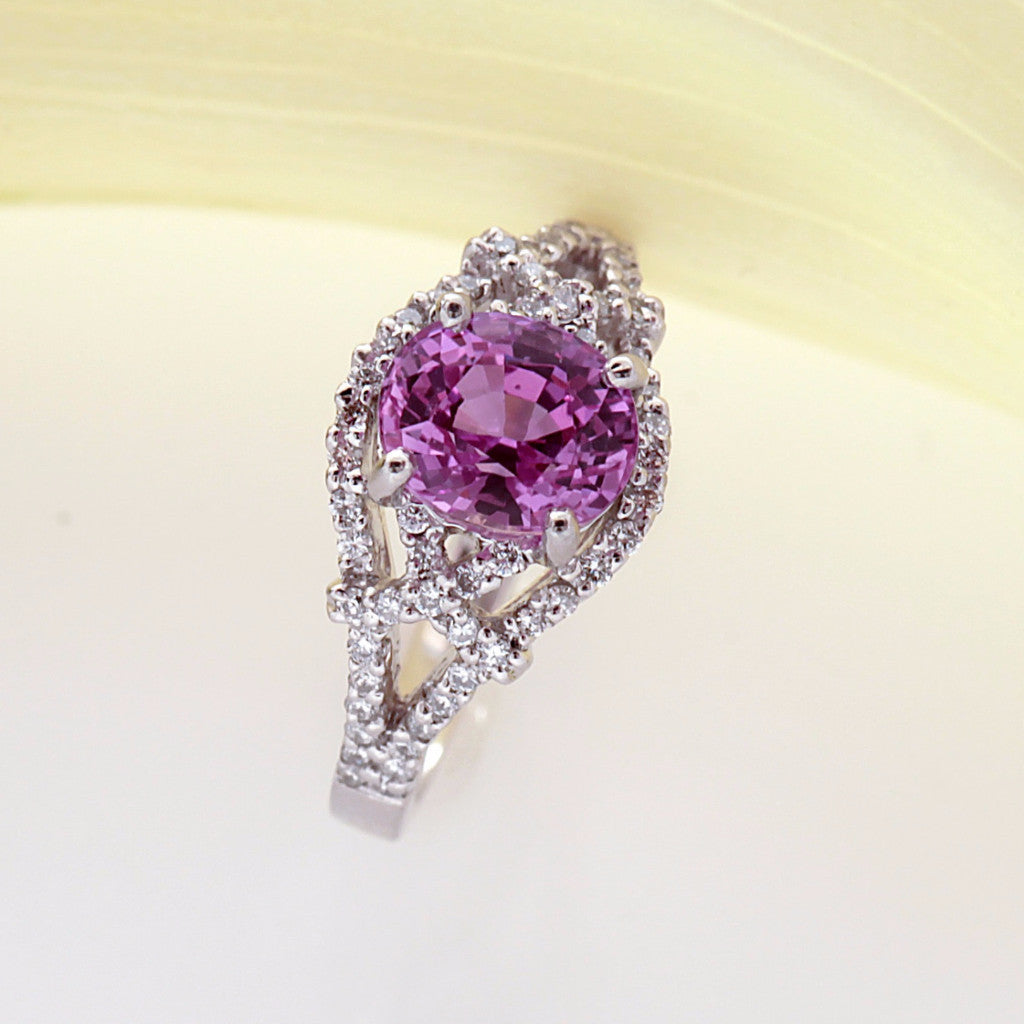 Platinum Oval Pink Sapphire Ring With Pave Set Diamonds