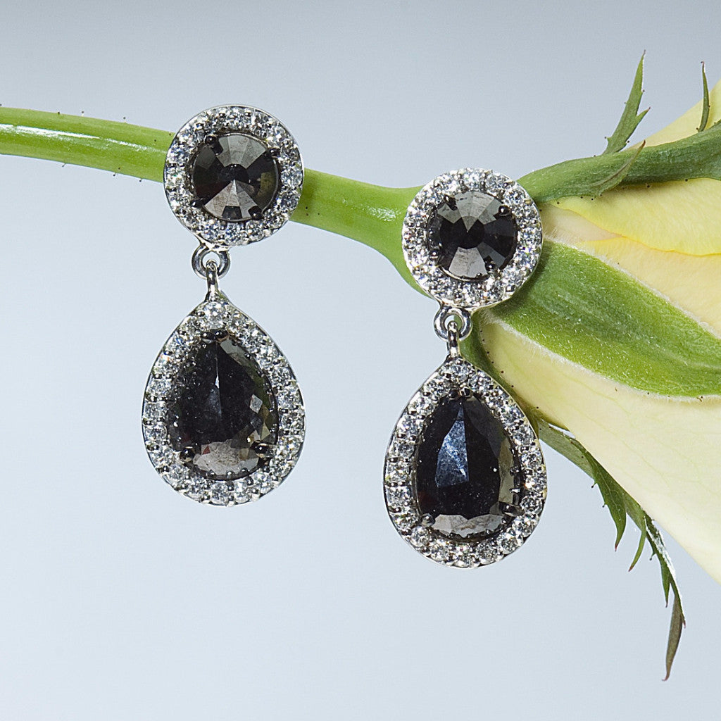 Pear Shaped Black and White Diamond Drop Dangle Earrings