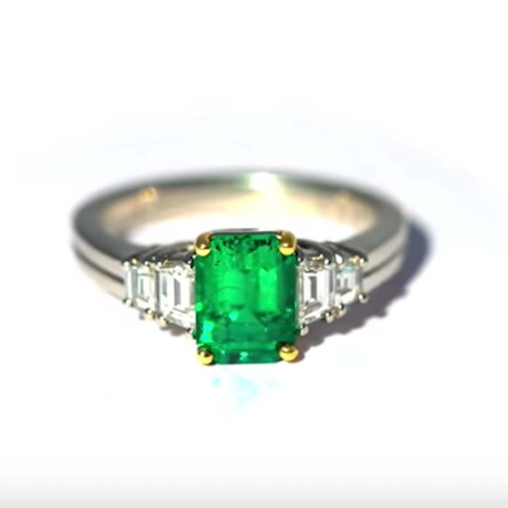 Platinum And 18K Yellow Gold Columbian Emerald and Diamond Ring