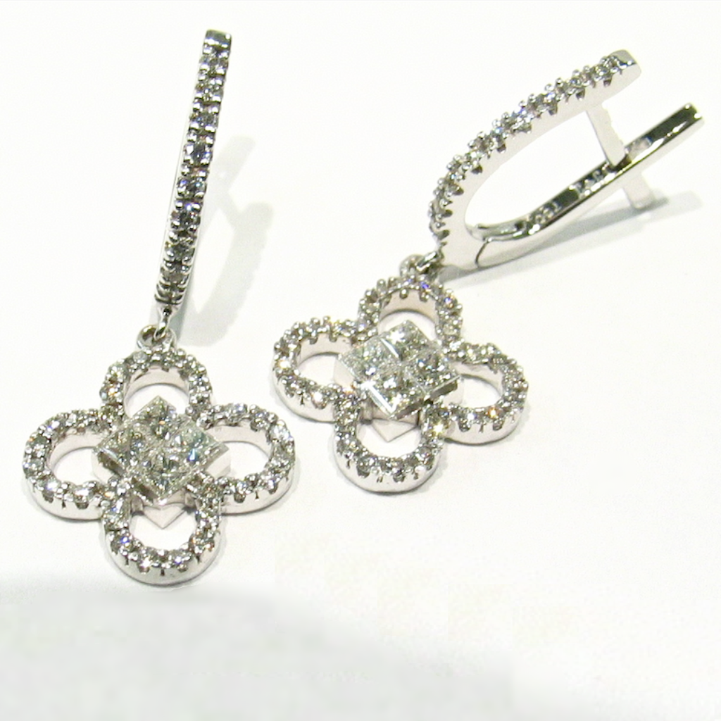 18K white gold clover drop earrings set with princess and round cut diamonds