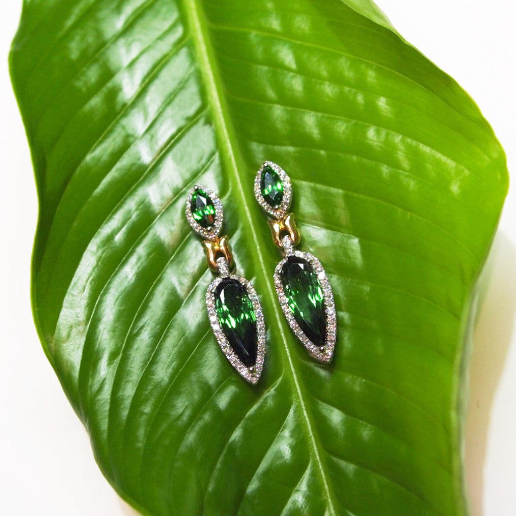 One Of A Kind 18K White Gold Tourmaline, Tsavorite, and Diamond Drop Earrings