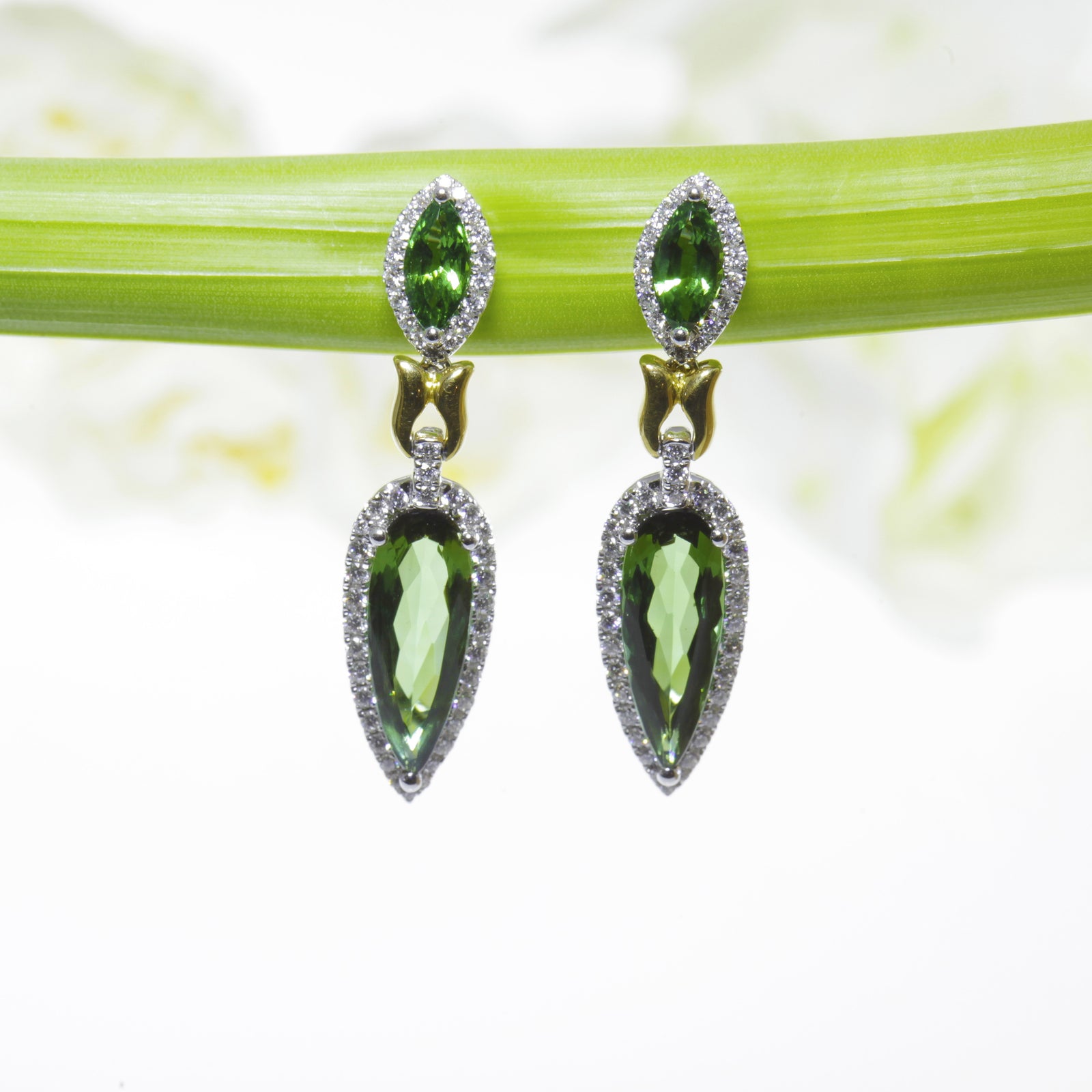 One Of A Kind 18K White Gold Tourmaline, Tsavorite, and Diamond Drop Earrings