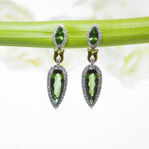 One Of A Kind 18K White Gold Tourmaline, Tsavorite, and Diamond Drop Earrings